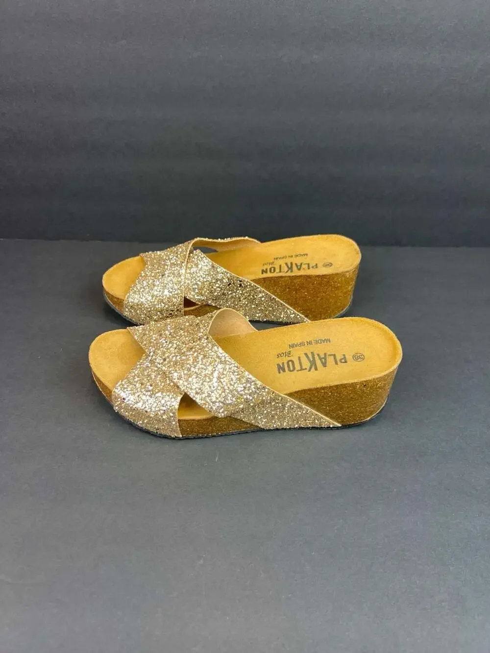 Plakton Bios Gold Glitter Cross-Strap Wedge Sandals US 7.5 Euro 38